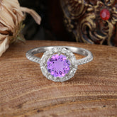 1.5 Carat Round Cut Halo Cluster Amethyst Wedding Ring Pave Flower Promise Ring